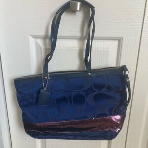 Coach F17574 Signature Tote Handbag Blue Sequin